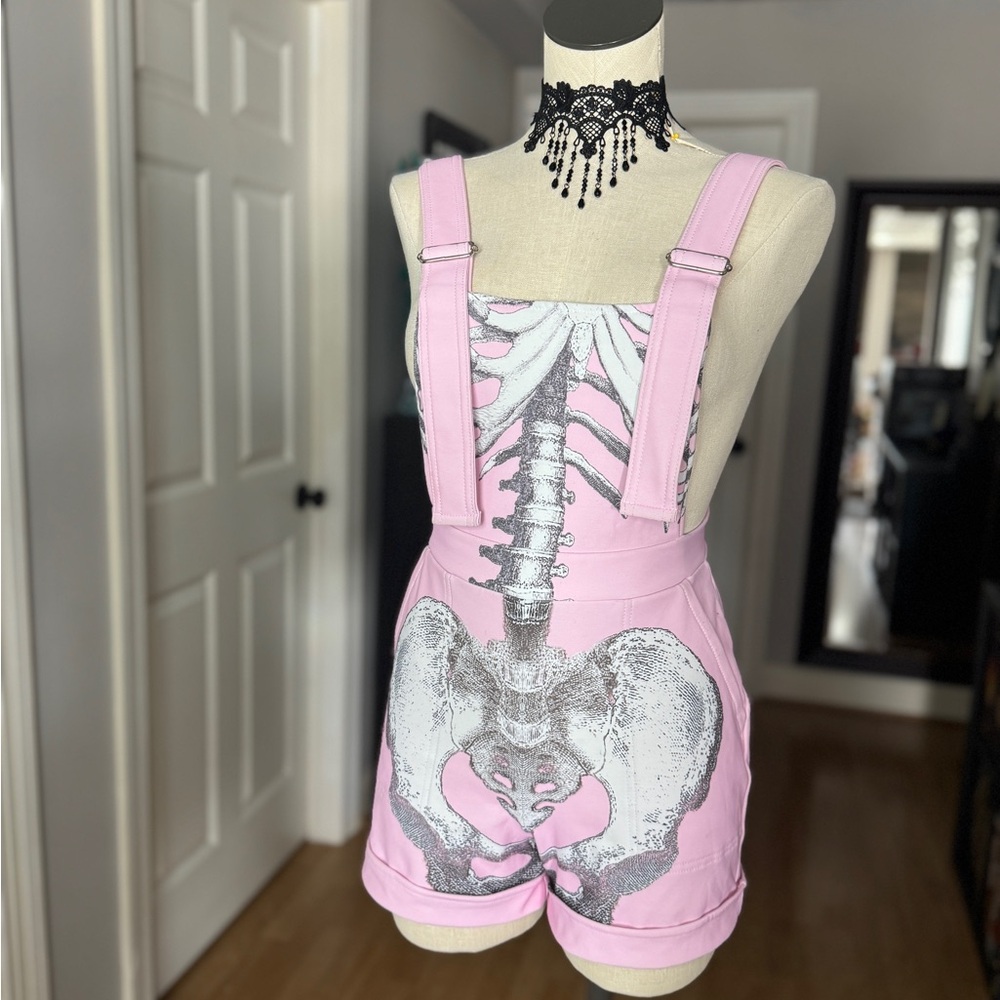 OFFER ME Blackmilk Pastel Pink Skeleton Print Overalls